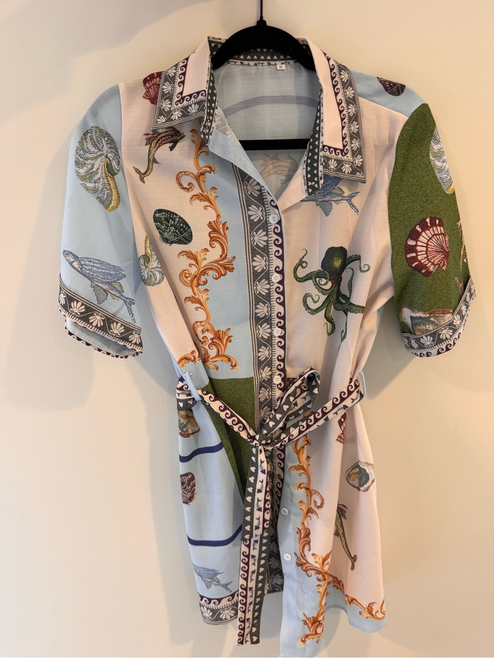 Short-Sleeve Button Shirt with Sea Life Print in Light Blue and Green